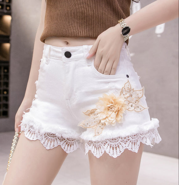 Summer Causal Women Embroidered 3D Floral High Waist Ruffled Lace Hem Jeans Shorts Denim Pants
