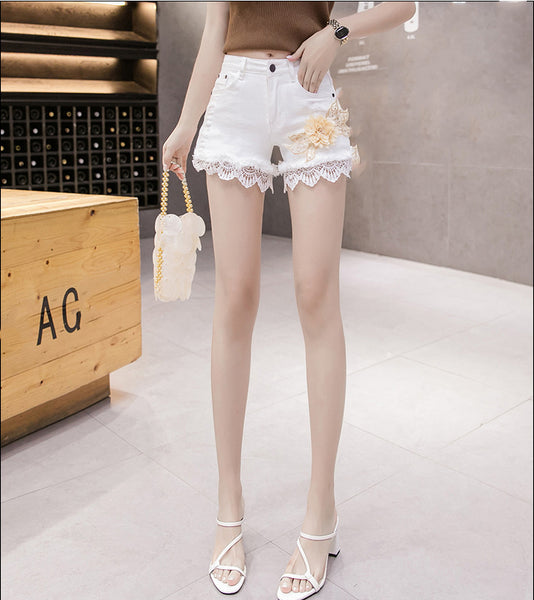 Summer Causal Women Embroidered 3D Floral High Waist Ruffled Lace Hem Jeans Shorts Denim Pants