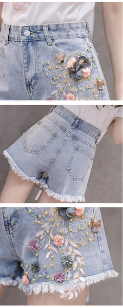 Summer Causal Women Embroidered 3D Floral Beaded High Waist Tassel Lace Hem Jeans Shorts Denim Pants
