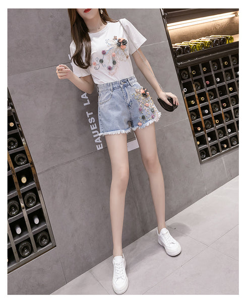 Summer Causal Women Embroidered 3D Floral Beaded High Waist Tassel Lace Hem Jeans Shorts Denim Pants