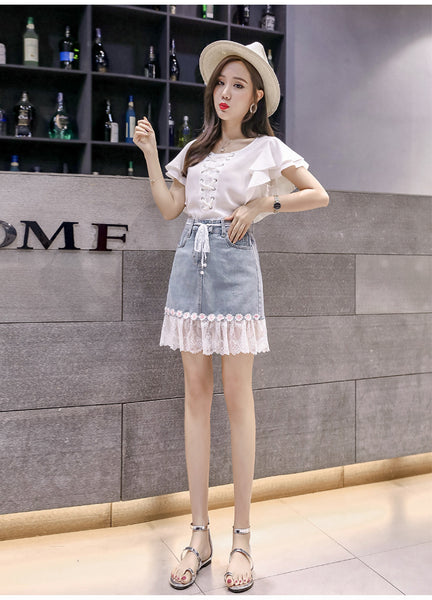 Summer Chic Women Embroidered Floral Lace Belt Mesh Hem Fishtail High Waist Jeans Denim Dress