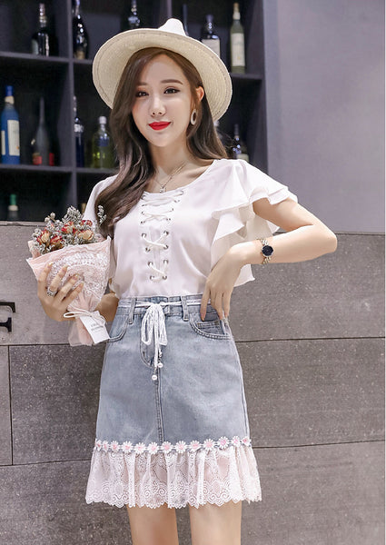 Summer Chic Women Embroidered Floral Lace Belt Mesh Hem Fishtail High Waist Jeans Denim Dress