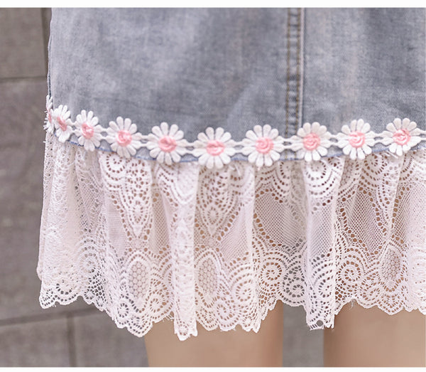 Summer Chic Women Embroidered Floral Lace Belt Mesh Hem Fishtail High Waist Jeans Denim Dress