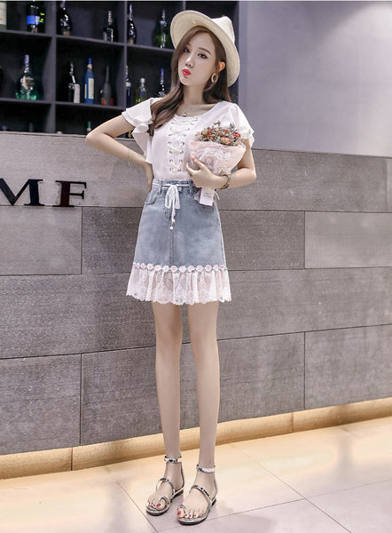 Summer Chic Women Embroidered Floral Lace Belt Mesh Hem Fishtail High Waist Jeans Denim Dress