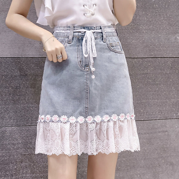 Summer Chic Women Embroidered Floral Lace Belt Mesh Hem Fishtail High Waist Jeans Denim Dress