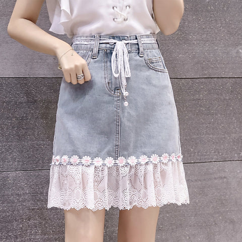 Summer Chic Women Embroidered Floral Lace Belt Mesh Hem Fishtail High Waist Jeans Denim Dress