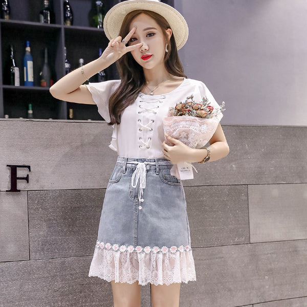 Summer Chic Women Embroidered Floral Lace Belt Mesh Hem Fishtail High Waist Jeans Denim Dress