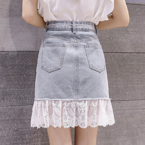 Summer Chic Women Embroidered Floral Lace Belt Mesh Hem Fishtail High Waist Jeans Denim Dress