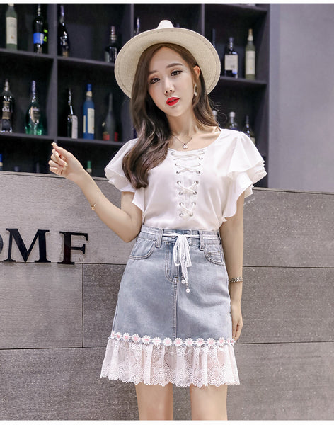 Summer Chic Women Embroidered Floral Lace Belt Mesh Hem Fishtail High Waist Jeans Denim Dress
