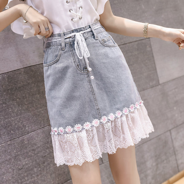 Summer Chic Women Embroidered Floral Lace Belt Mesh Hem Fishtail High Waist Jeans Denim Dress