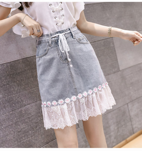 Summer Chic Women Embroidered Floral Lace Belt Mesh Hem Fishtail High Waist Jeans Denim Dress