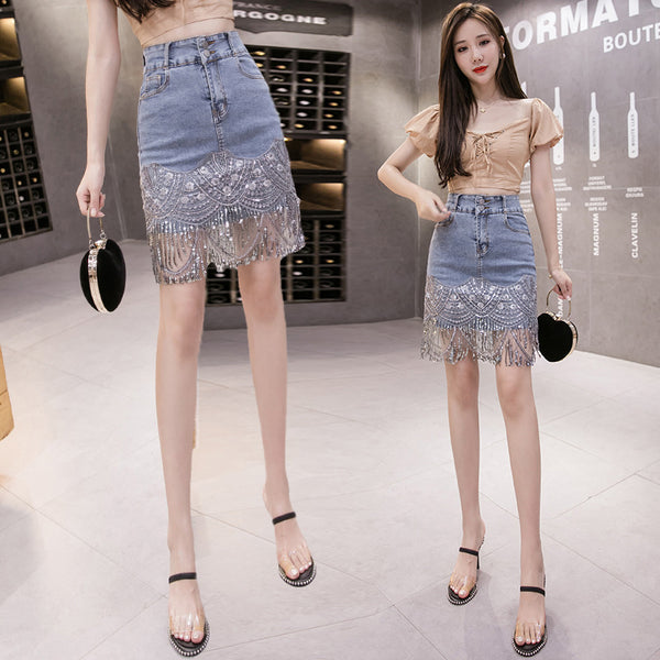 Summer Beautiful Women Embroidered Beaded Tassel Hem High Waist Jeans Denim Short Pencil Dress