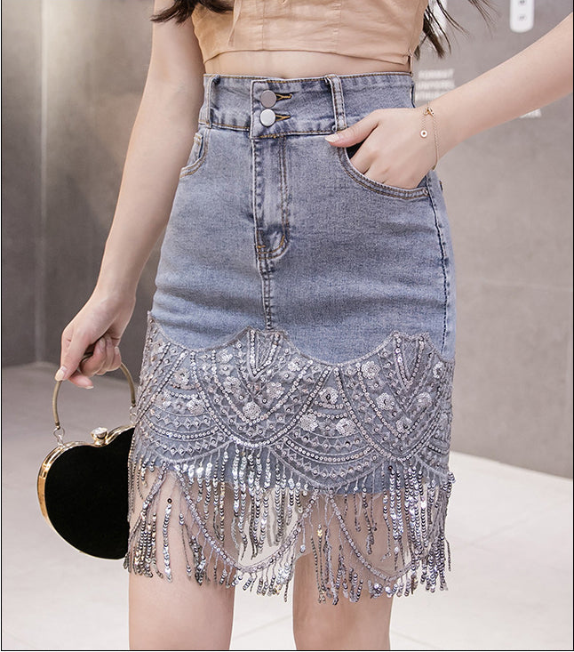 Summer Beautiful Women Embroidered Beaded Tassel Hem High Waist Jeans Denim Short Pencil Dress