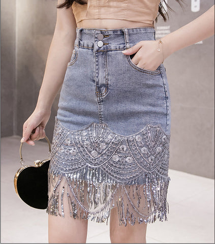 Summer Beautiful Women Embroidered Beaded Tassel Hem High Waist Jeans Denim Short Pencil Dress