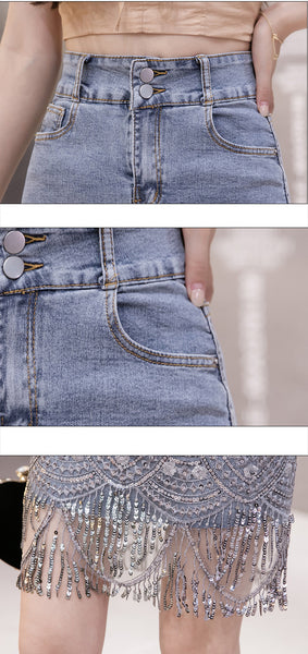 Summer Beautiful Women Embroidered Beaded Tassel Hem High Waist Jeans Denim Short Pencil Dress