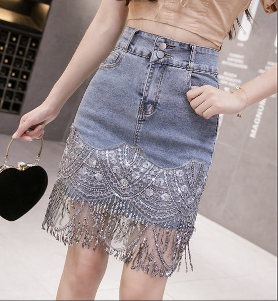 Summer Beautiful Women Embroidered Beaded Tassel Hem High Waist Jeans Denim Short Pencil Dress