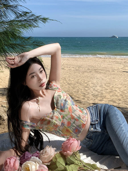 Summer Sexy Ladies Retro Attractive Camisole Floral Printed Short Sleeves Crops Tops Outer Wear