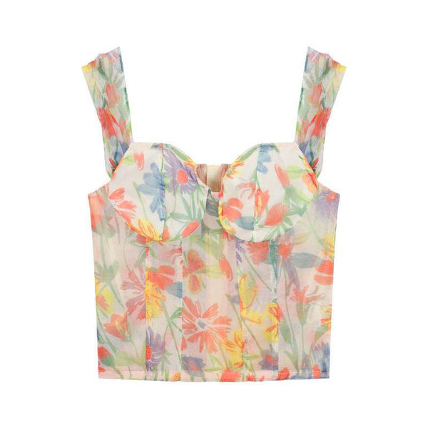 Summer Sexy Ladies Retro Attractive Camisole Floral Printed Short Sleeves Crops Tops Outer Wear