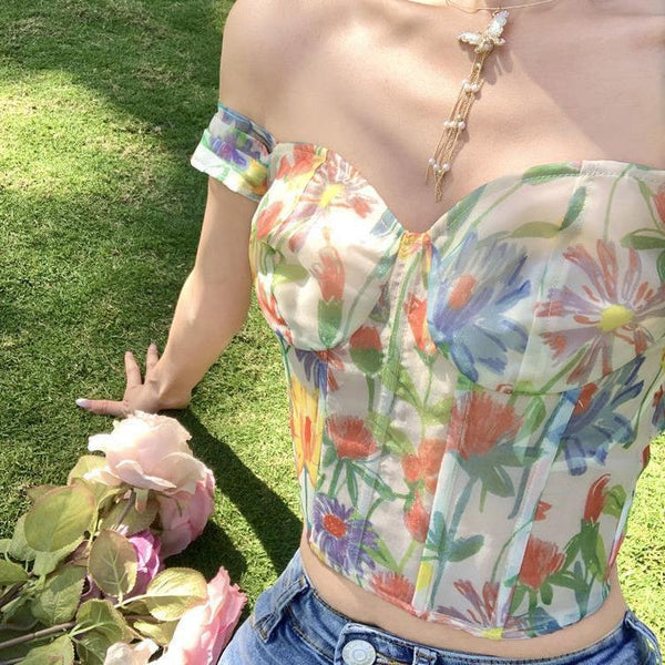 Summer Sexy Ladies Retro Attractive Camisole Floral Printed Short Sleeves Crops Tops Outer Wear