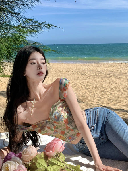 Summer Sexy Ladies Retro Attractive Camisole Floral Printed Short Sleeves Crops Tops Outer Wear