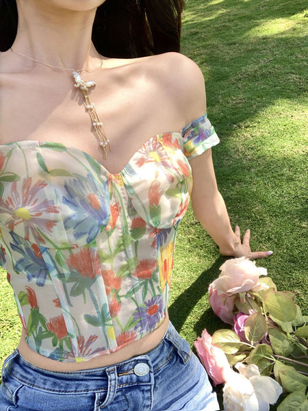Summer Sexy Ladies Retro Attractive Camisole Floral Printed Short Sleeves Crops Tops Outer Wear
