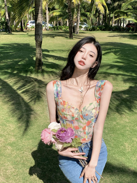 Summer Sexy Ladies Retro Attractive Camisole Floral Printed Short Sleeves Crops Tops Outer Wear