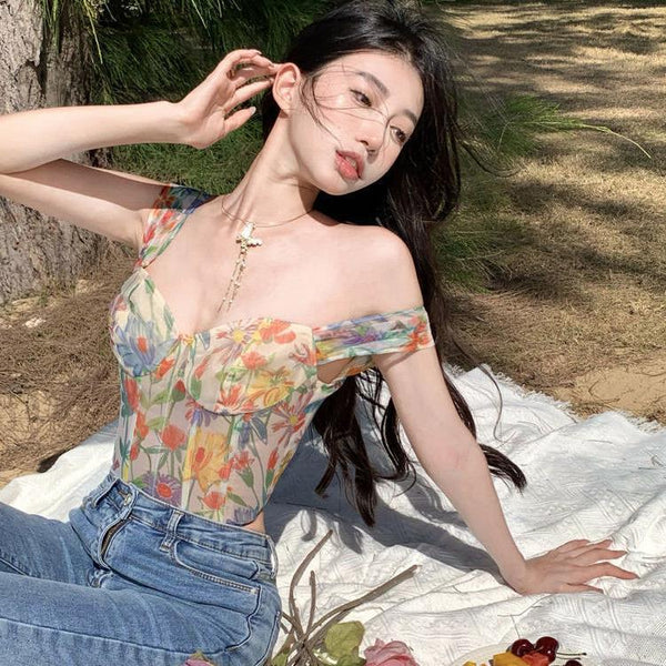 Summer Sexy Ladies Retro Attractive Camisole Floral Printed Short Sleeves Crops Tops Outer Wear