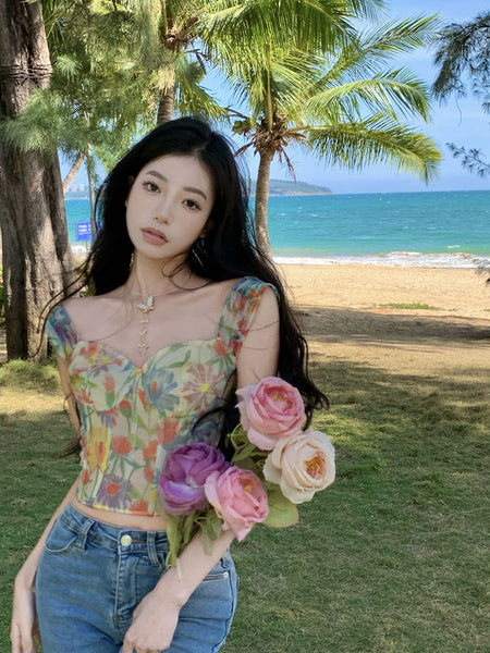 Summer Sexy Ladies Retro Attractive Camisole Floral Printed Short Sleeves Crops Tops Outer Wear
