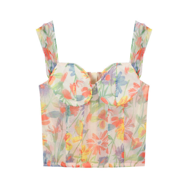 Summer Sexy Ladies Retro Attractive Camisole Floral Printed Short Sleeves Crops Tops Outer Wear