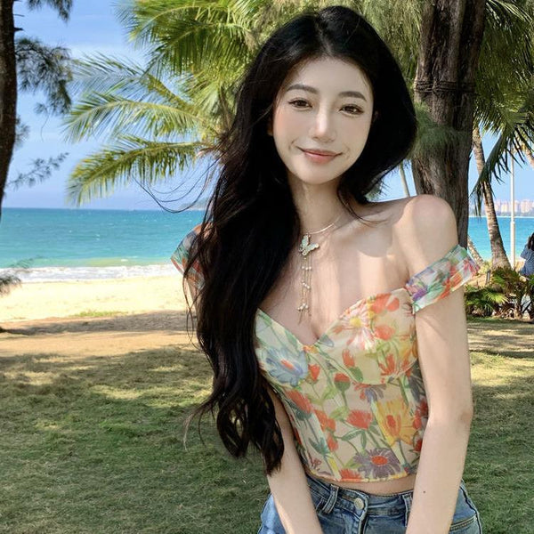 Summer Sexy Ladies Retro Attractive Camisole Floral Printed Short Sleeves Crops Tops Outer Wear