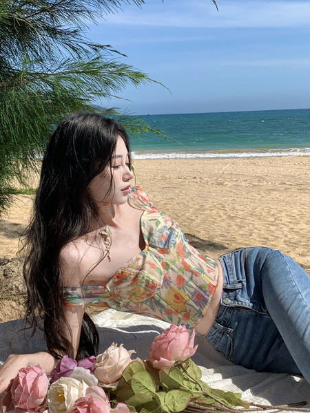 Summer Sexy Ladies Retro Attractive Camisole Floral Printed Short Sleeves Crops Tops Outer Wear