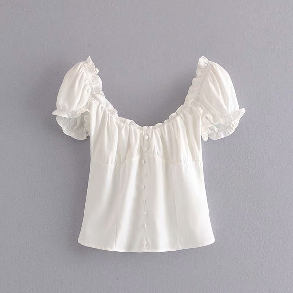 Summer Trendy Lovely Women Fashion Elastic Short Puff Sleeve Floral Printed Scoop Neck Cropped Blouse Top