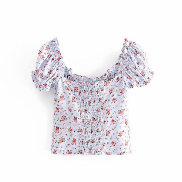 Summer Trendy Lovely Women Fashion Elastic Short Puff Sleeve Floral Printed Scoop Neck Cropped Blouse Top