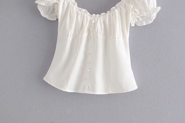 Summer Trendy Lovely Women Fashion Elastic Short Puff Sleeve Floral Printed Scoop Neck Cropped Blouse Top