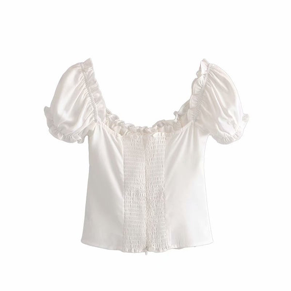 Summer Trendy Lovely Women Fashion Elastic Short Puff Sleeve Floral Printed Scoop Neck Cropped Blouse Top