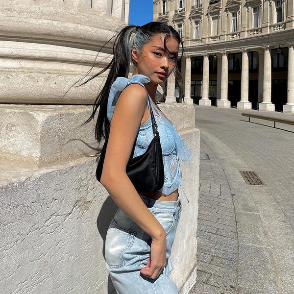 Summer Trendy Sexy Ladies Mesh Shoulder Strap V Neck Front Tied Waist Hollow Vest Streetwear Crop Top