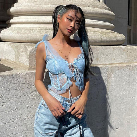 Summer Trendy Sexy Ladies Mesh Shoulder Strap V Neck Front Tied Waist Hollow Vest Streetwear Crop Top