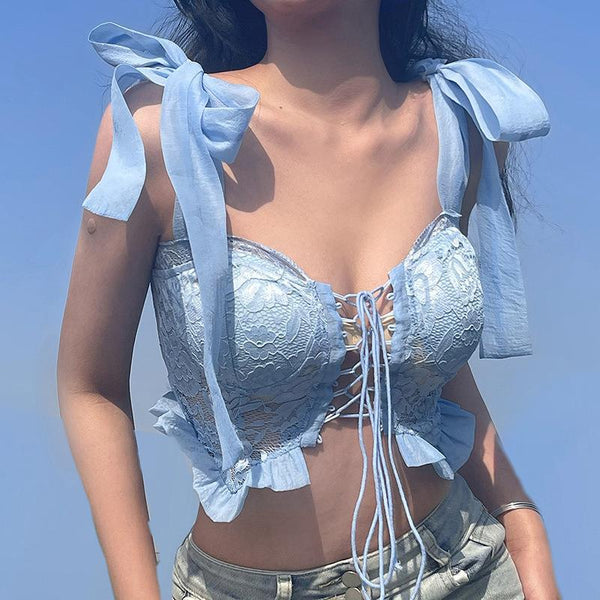 Summer Trendy Sexy Ladies Mesh Shoulder Strap V Neck Front Tied Waist Hollow Vest Streetwear Crop Top