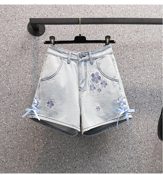 Summer Pretty Women Embroidered Floral High Waist Side Bow Jeans Shorts Blue Denim Pants