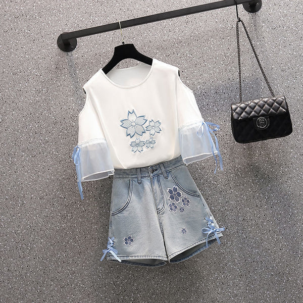 Summer Pretty Women Embroidered Floral High Waist Side Bow Jeans Shorts Blue Denim Pants