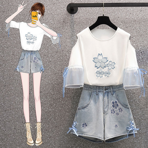 Summer Pretty Women Embroidered Floral High Waist Side Bow Jeans Shorts Blue Denim Pants