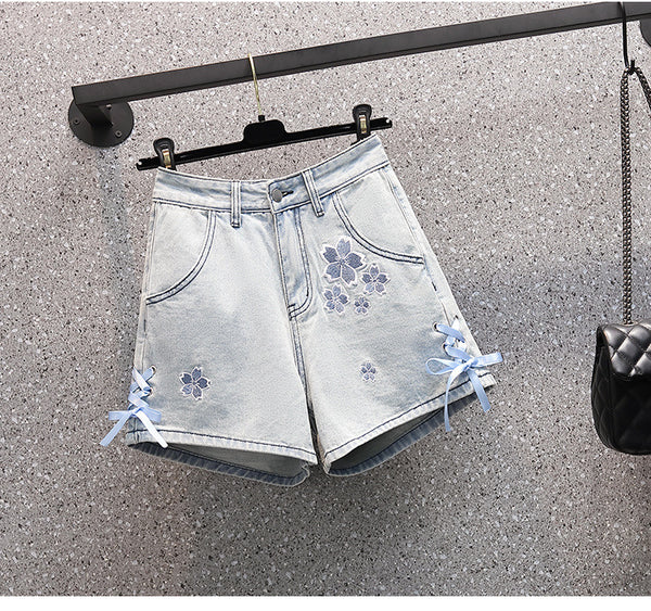 Summer Pretty Women Embroidered Floral High Waist Side Bow Jeans Shorts Blue Denim Pants