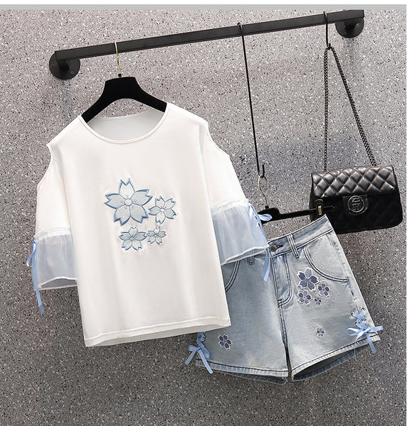 Summer Sweet Women Fashion Short Sleeve Bow Floral Printed Scoop Neck Cropped Embroidery Lace Up T-Shirt Blouse Top