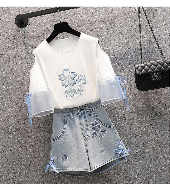 Summer Sweet Women Fashion Short Sleeve Bow Floral Printed Scoop Neck Cropped Embroidery Lace Up T-Shirt Blouse Top