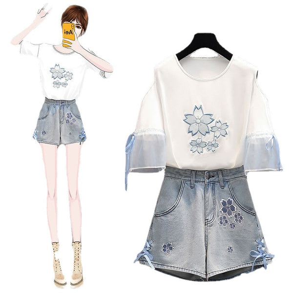 Summer Sweet Women Fashion Short Sleeve Bow Floral Printed Scoop Neck Cropped Embroidery Lace Up T-Shirt Blouse Top