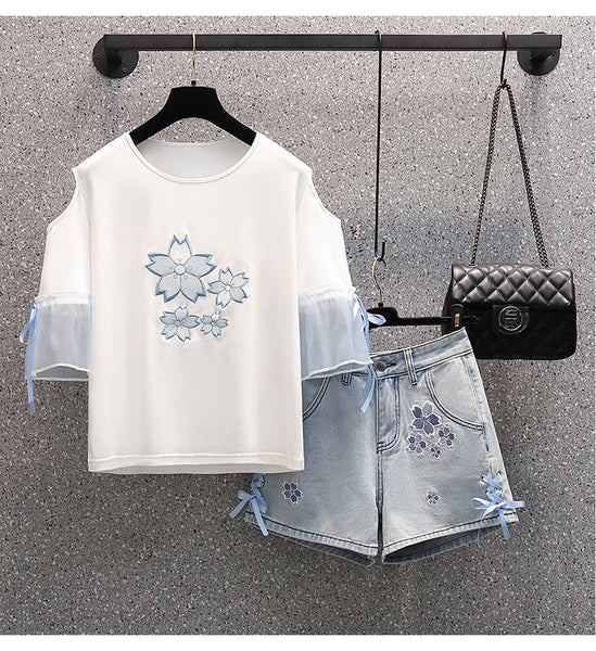 Summer Sweet Women Fashion Short Sleeve Bow Floral Printed Scoop Neck Cropped Embroidery Lace Up T-Shirt Blouse Top
