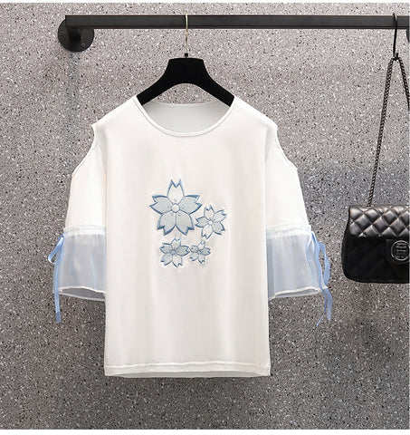 Summer Sweet Women Fashion Short Sleeve Bow Floral Printed Scoop Neck Cropped Embroidery Lace Up T-Shirt Blouse Top