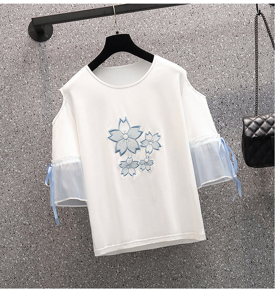 Summer Sweet Women Fashion Short Sleeve Bow Floral Printed Scoop Neck Cropped Embroidery Lace Up T-Shirt Blouse Top