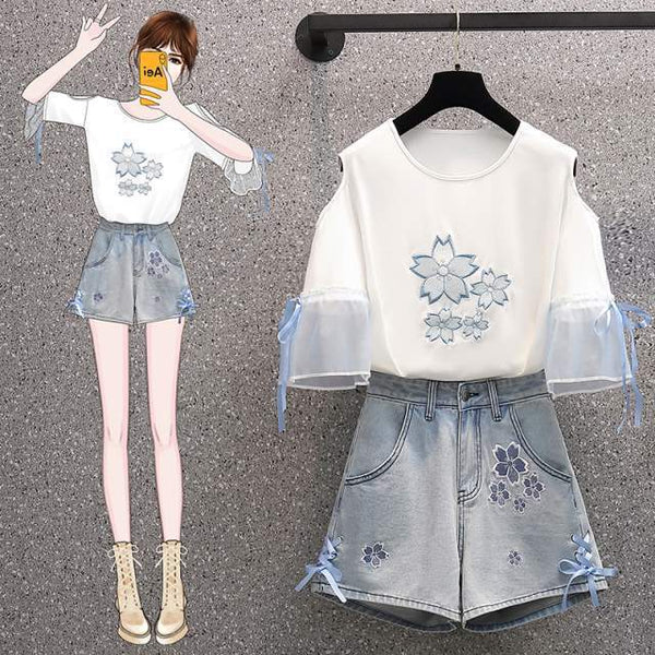 Summer Sweet Women Fashion Short Sleeve Bow Floral Printed Scoop Neck Cropped Embroidery Lace Up T-Shirt Blouse Top