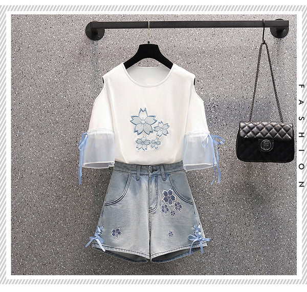 Summer Sweet Women Fashion Short Sleeve Bow Floral Printed Scoop Neck Cropped Embroidery Lace Up T-Shirt Blouse Top